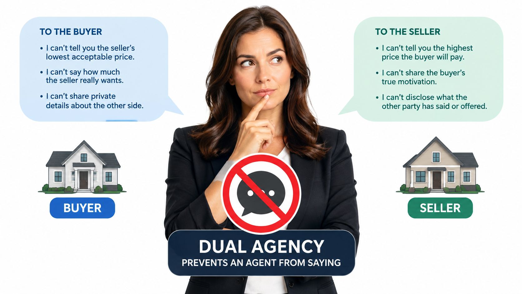 A woman thinking about real estate dual agency constraints, with speech bubbles showing what agents cannot disclose.