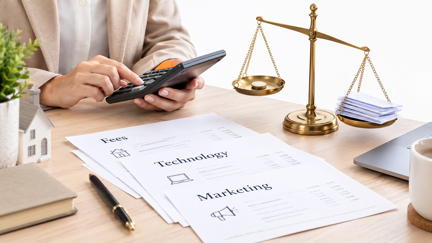A professional analyzing business fees for technology and marketing using a calculator and weighing scales.