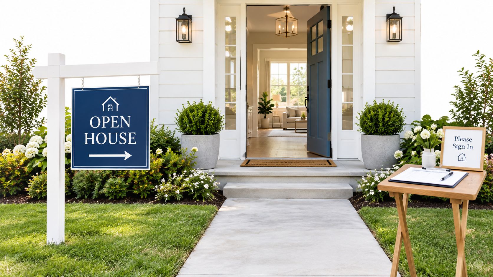 A welcoming front entrance of a residential home featuring an open house sign and registration station.