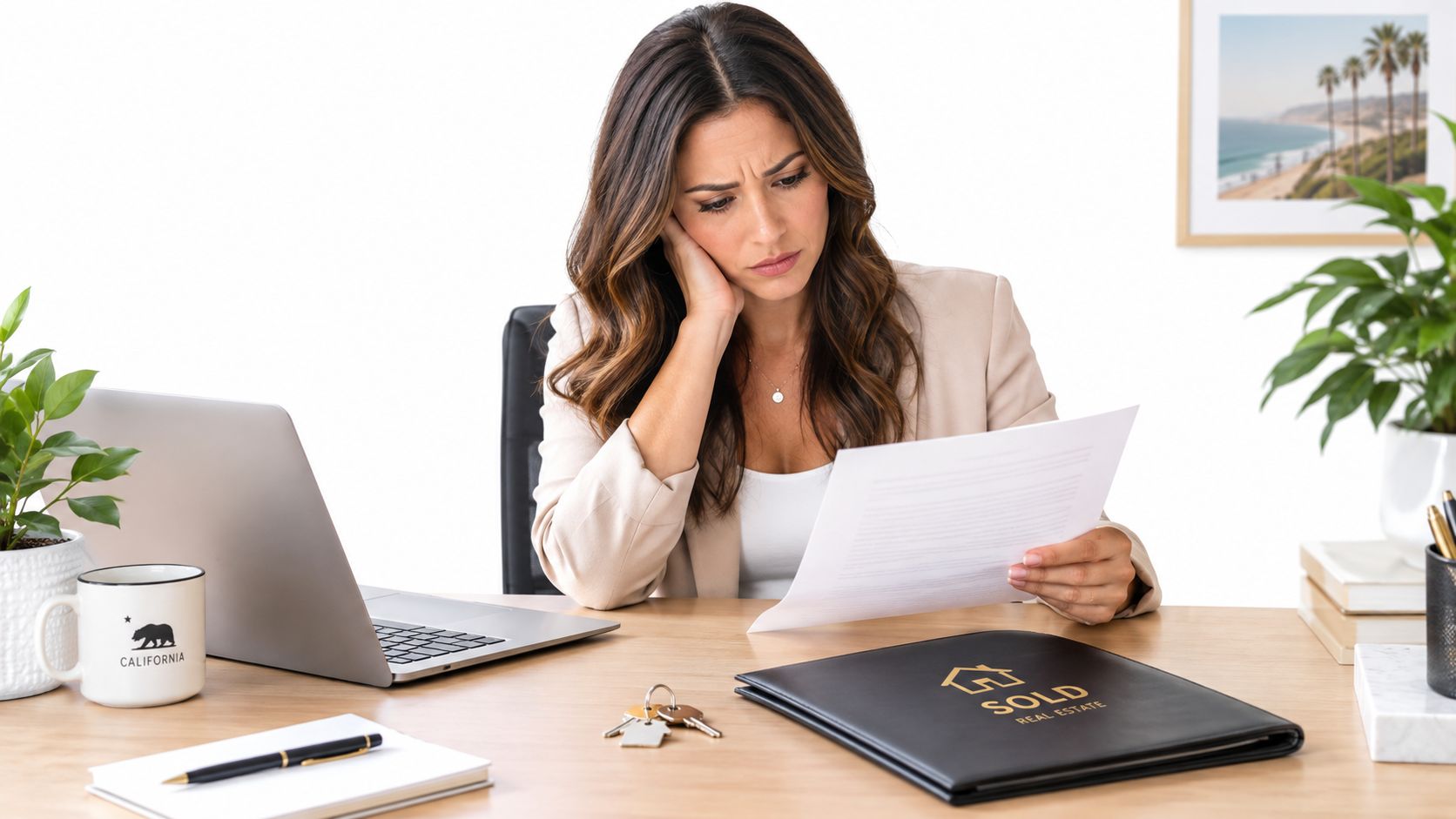 A concerned female real estate agent reviewing paperwork at her office desk with a laptop and keys.