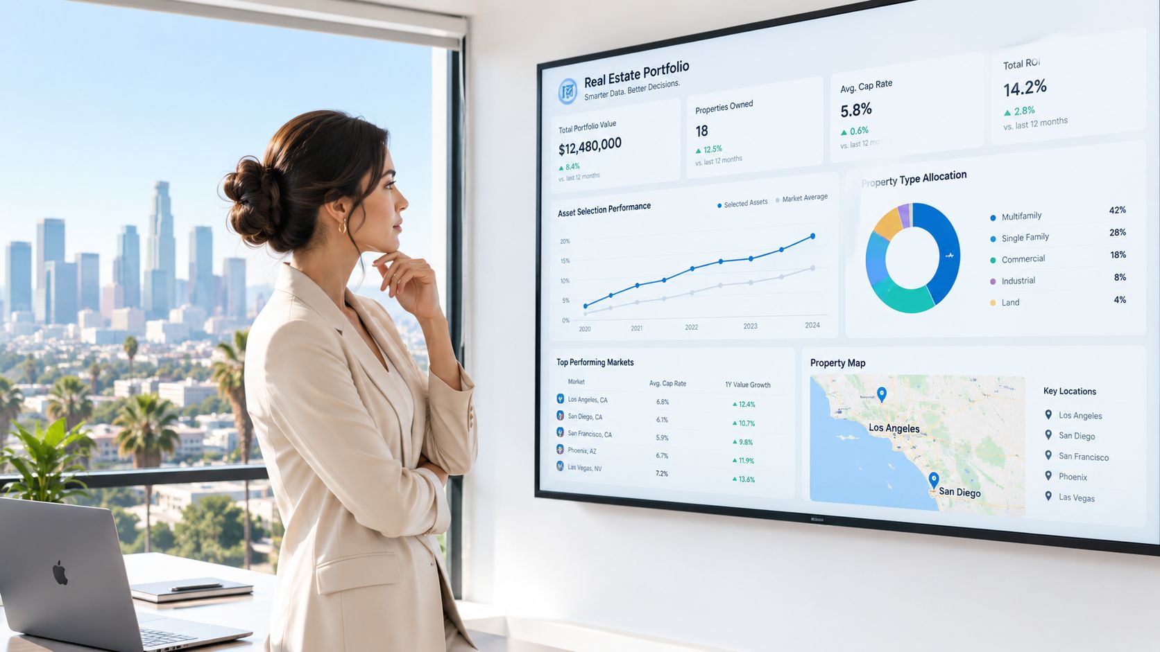 A professional woman in a suit looking at a large wall monitor displaying real estate investment data.