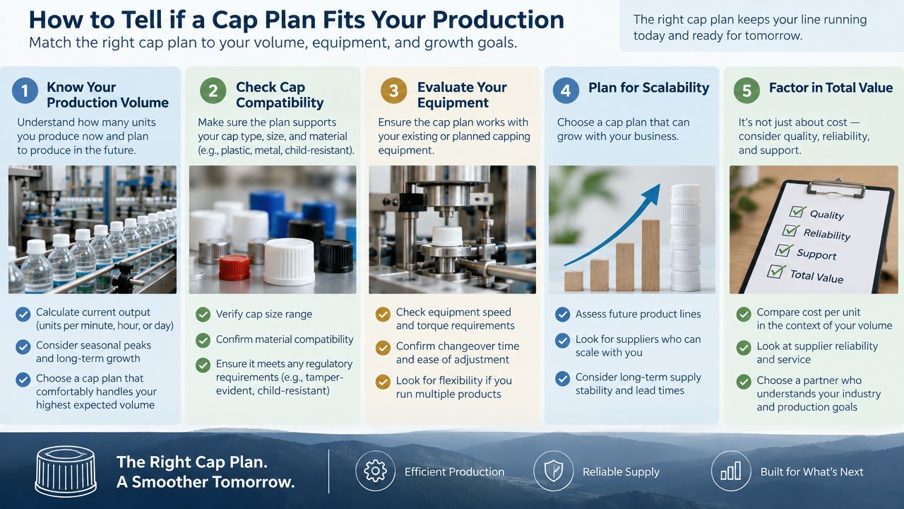 A five-step infographic showing how to select the right cap plan for industrial packaging and production.