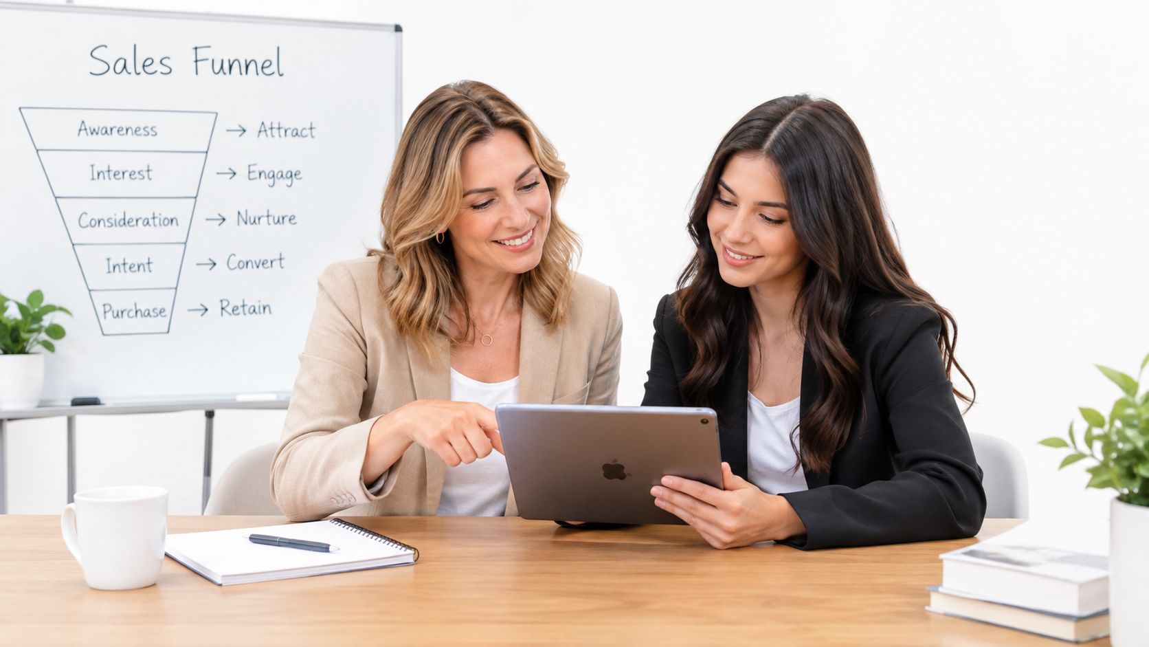 Two professional businesswomen collaborating and reviewing information on a tablet in a modern office setting.
