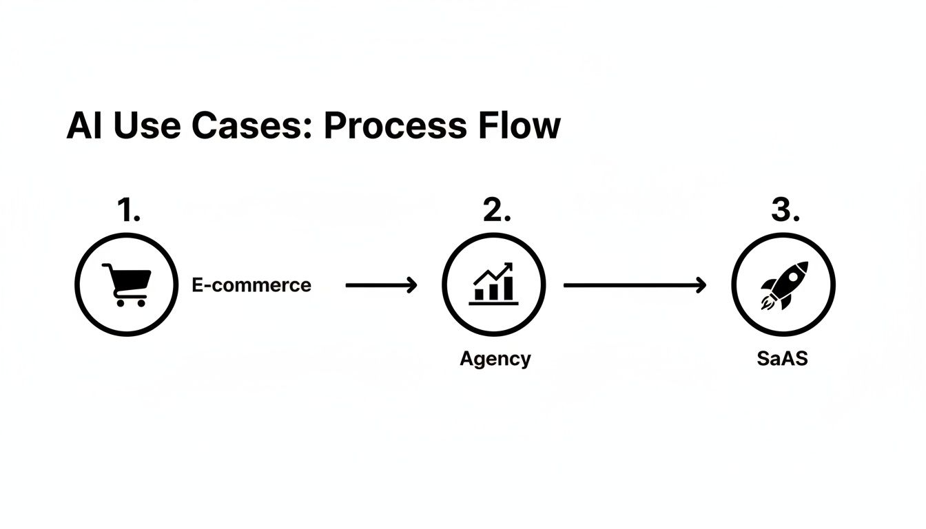 AI use cases process flow showing the progression from e-commerce to agency to SaaS.