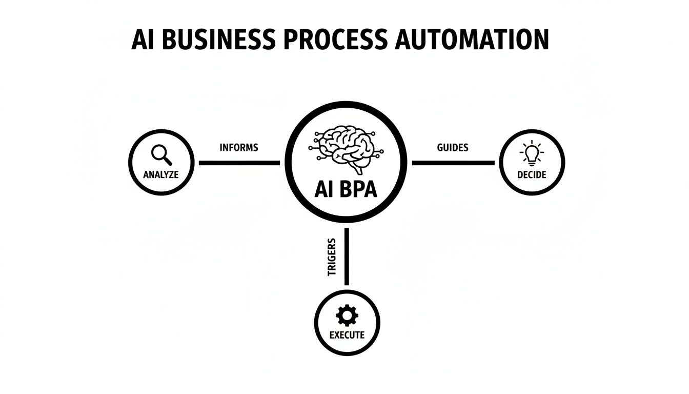 Diagram illustrating AI Business Process Automation connecting analyze, decide, and execute steps in a workflow.