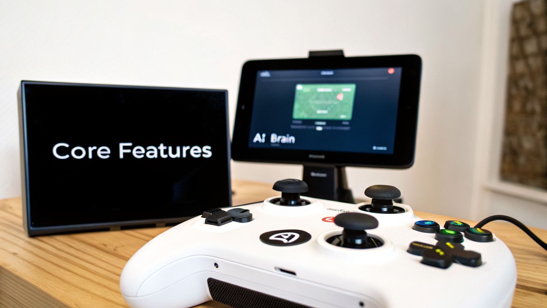 A white game controller with black joysticks on a wooden desk, flanked by two screens displaying 'Core Features' and 'AI Brain'.