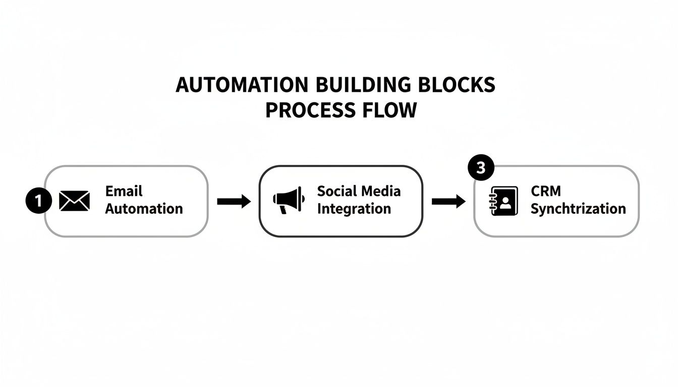Process flow diagram showing automation building blocks: Email, Social Media Integration, and CRM Synchronization.