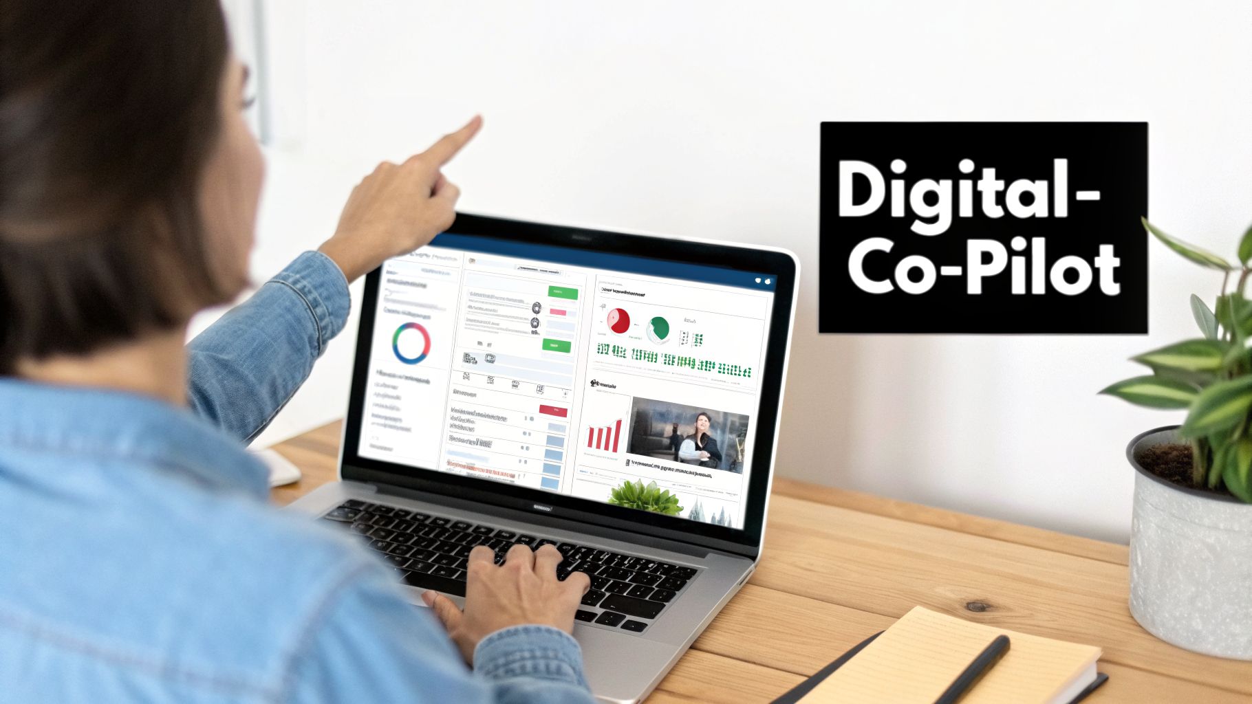 Person pointing at a laptop displaying a data dashboard with 'Digital-Co-Pilot' text on the wall.