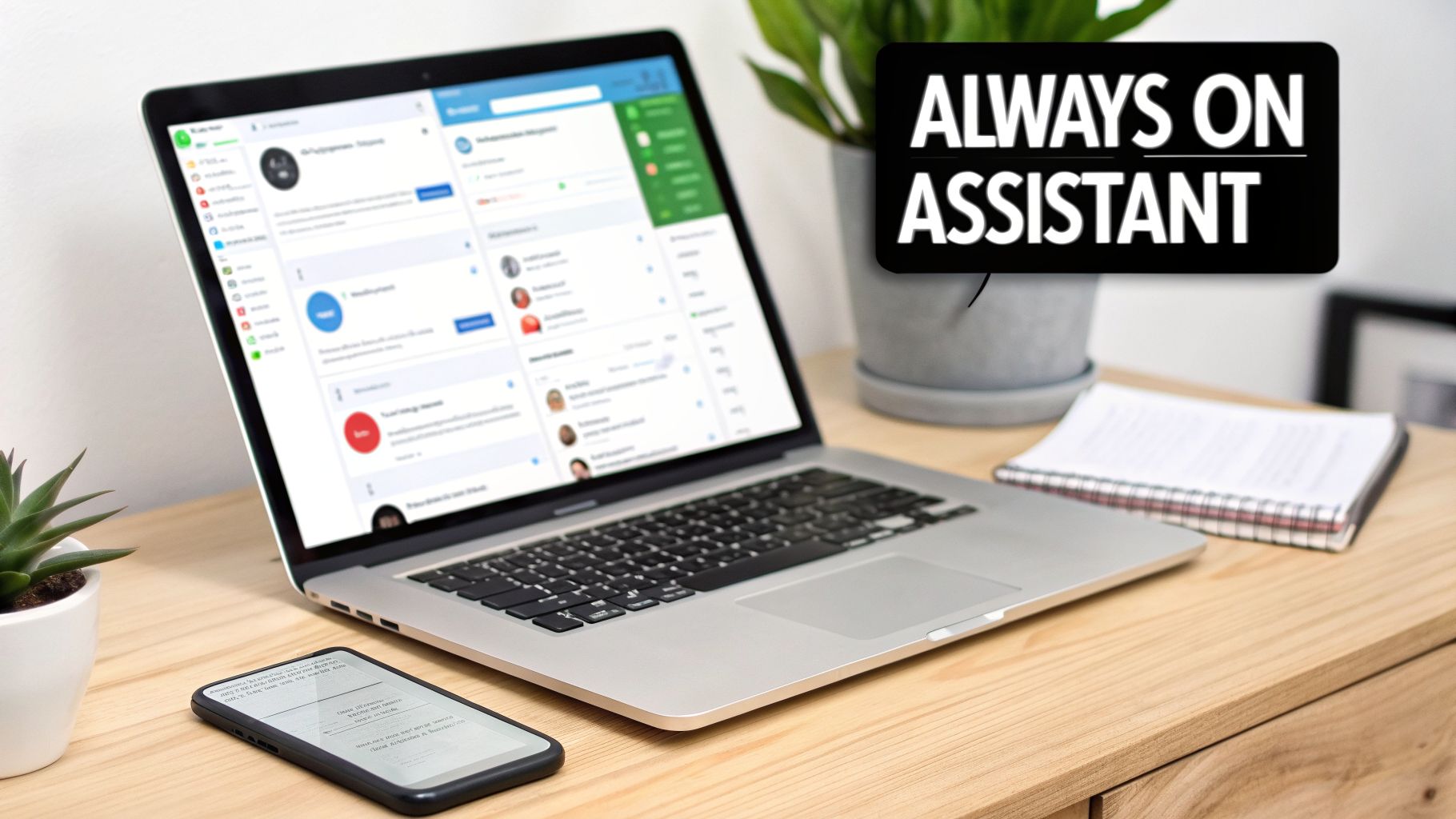 Laptop on a modern wooden desk displaying an 'Always On Assistant' interface, with a smartphone.
