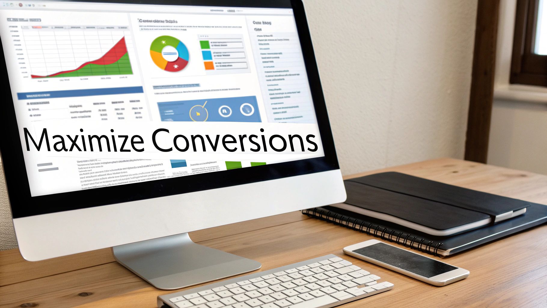 A computer screen displaying analytics charts and the phrase 'Maximize Conversions', with a keyboard and smartphone.