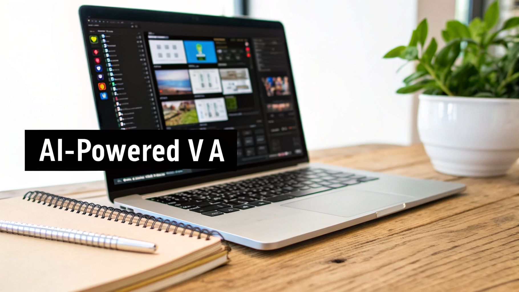 A laptop screen displaying an 'AI-Powered VA' text overlay, alongside a notebook and plant on a wooden desk.