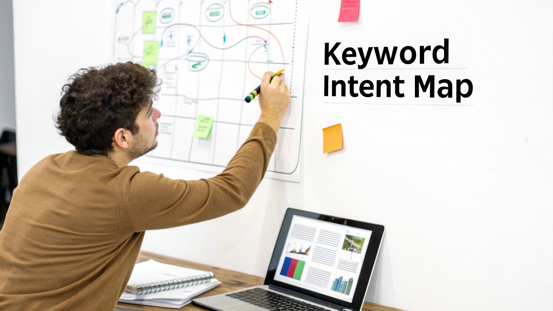 A person drawing a keyword intent map on a whiteboard, with a laptop open on a desk.