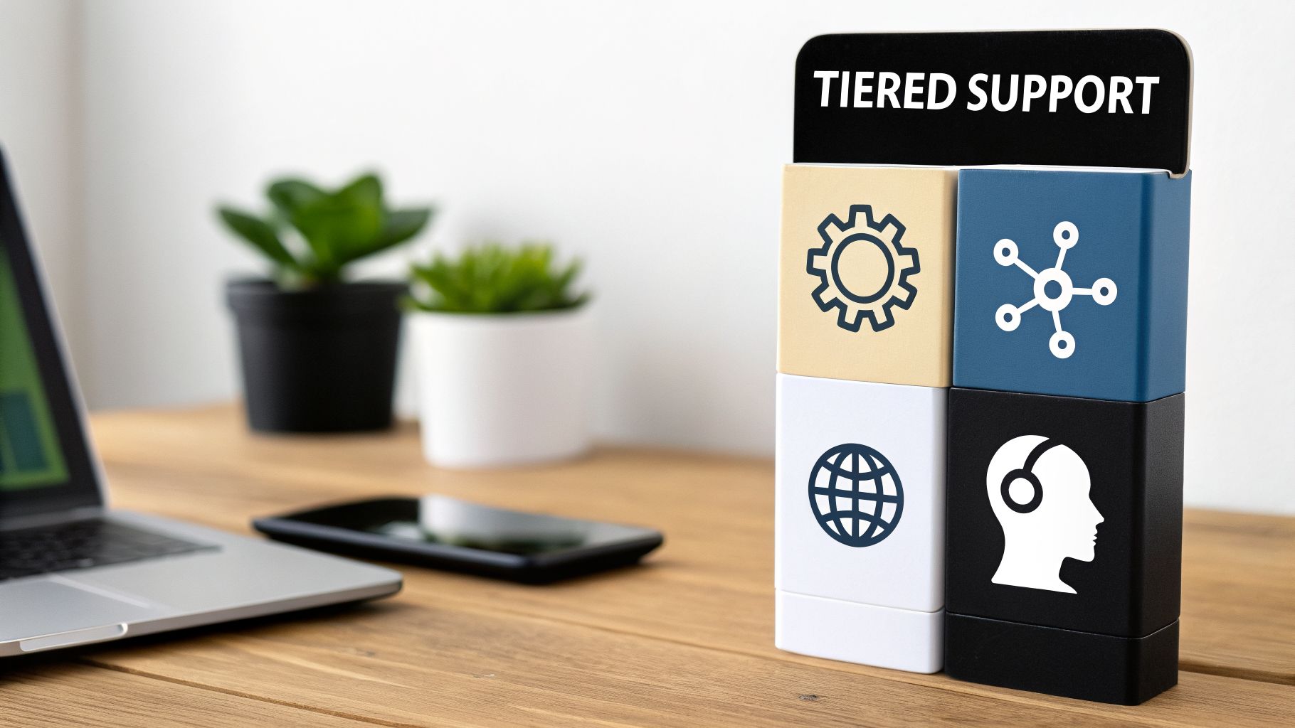 A tiered support concept display with icons for settings, network, global, and customer service.