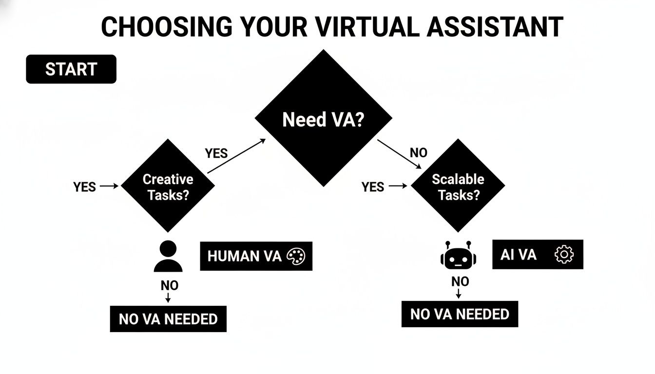 Flowchart for choosing a virtual assistant, differentiating between human VAs for creative tasks and AI VAs for scalable tasks.