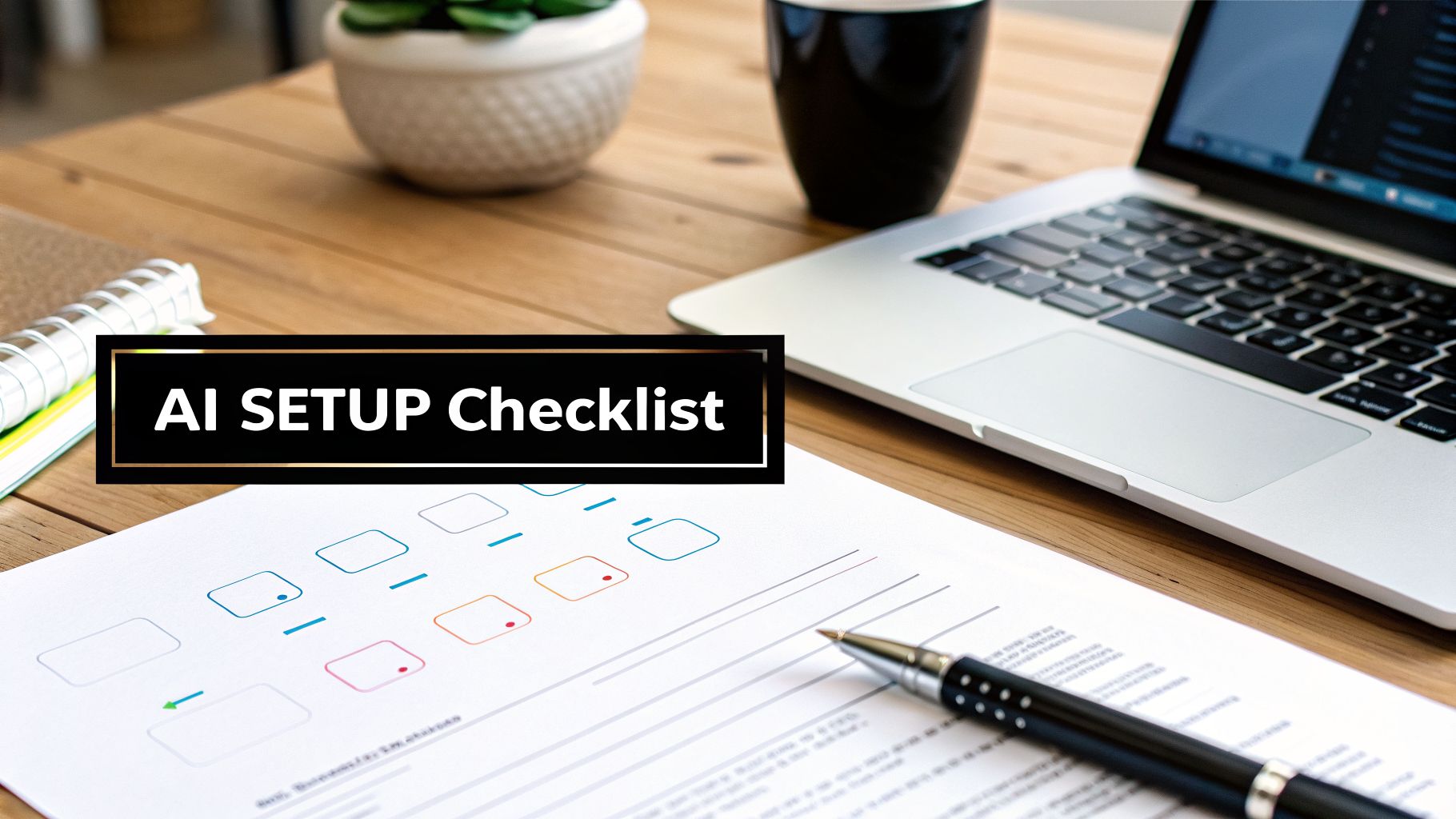 A desk setup with a laptop, plant, mug, and a document titled 'AI SETUP Checklist'.