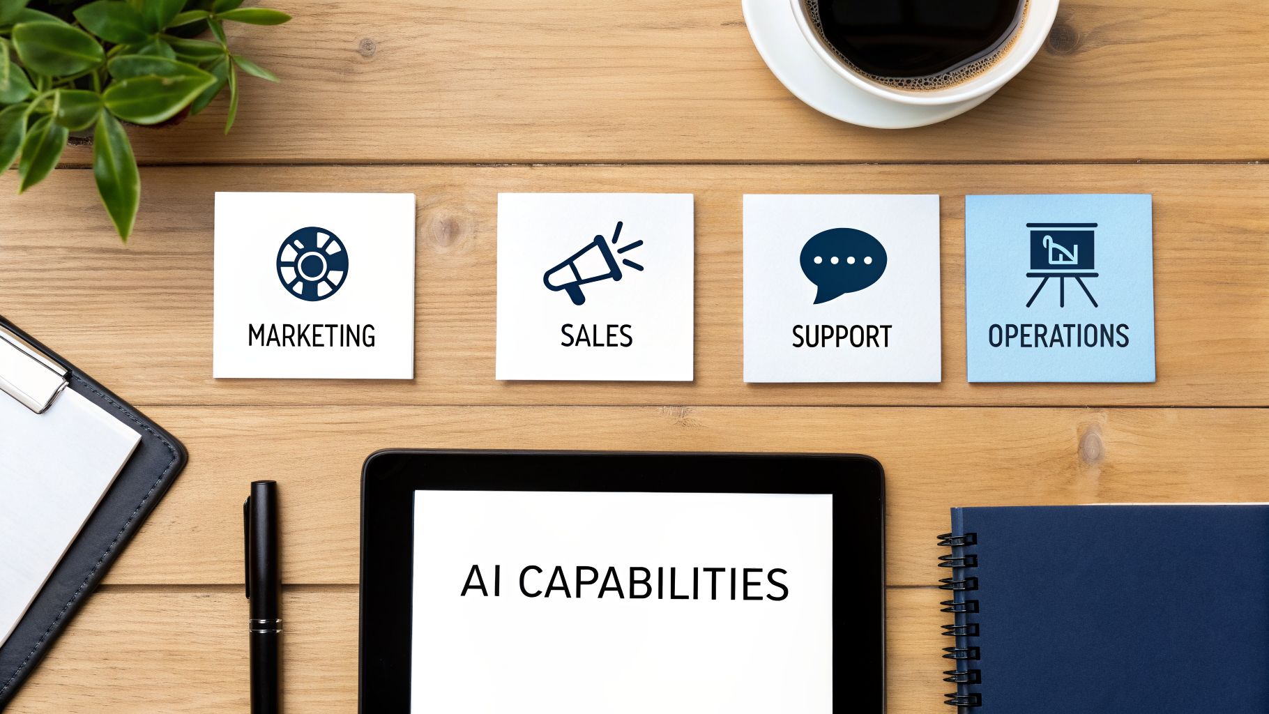 A flat lay shows business function cards: Marketing, Sales, Support, Operations, beside a tablet displaying 'AI CAPABILITIES'.