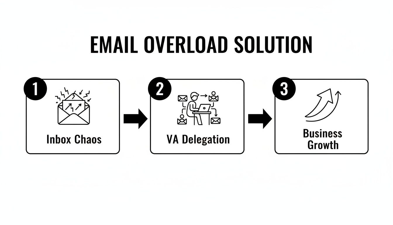 Diagram showing a 3-step solution to email overload: Inbox Chaos leads to VA Delegation, resulting in Business Growth.