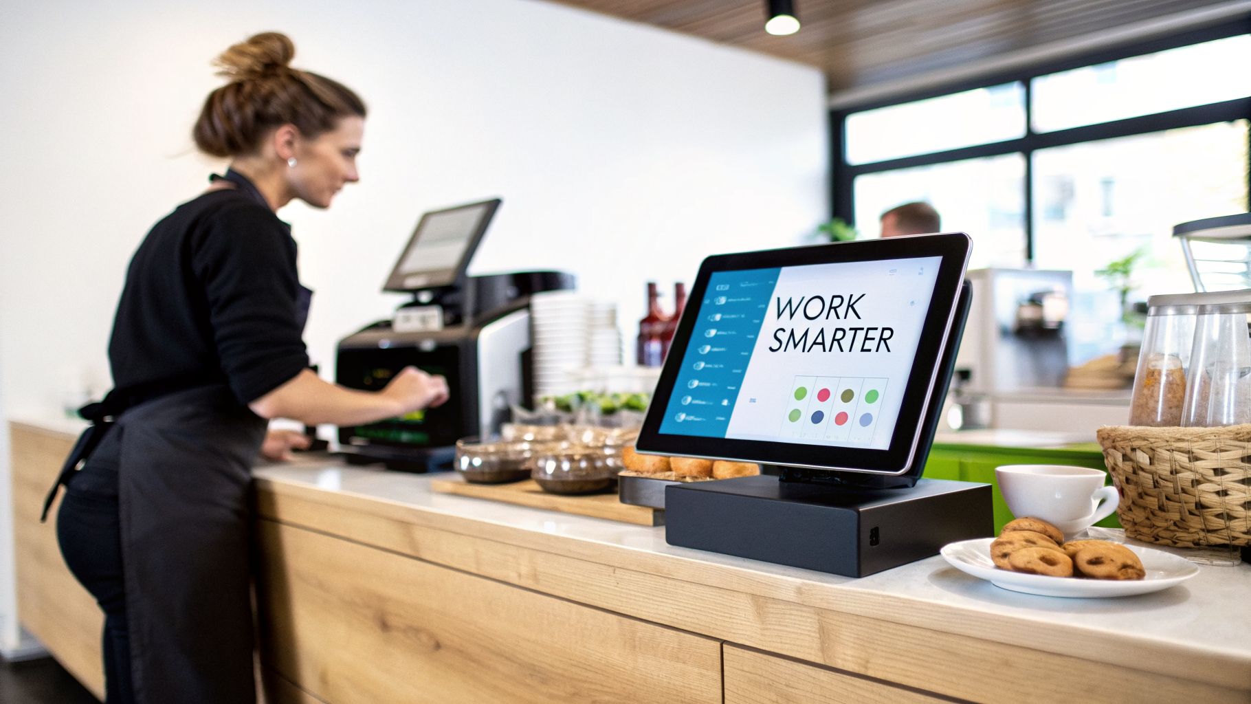 A cafe worker uses a modern point-of-sale system with a tablet displaying 'WORK SMARTER'.
