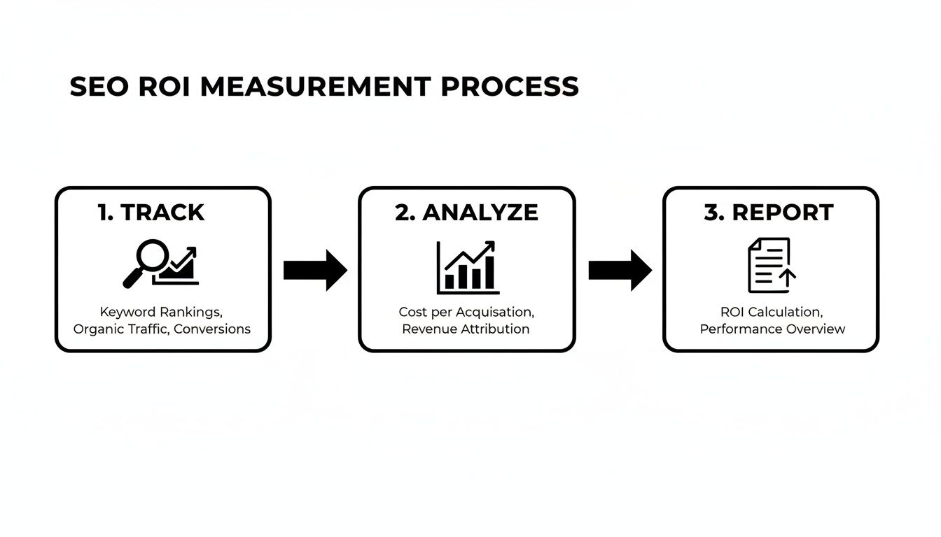 Diagram illustrating the 3-step SEO ROI measurement process: Track, Analyze, and Report.