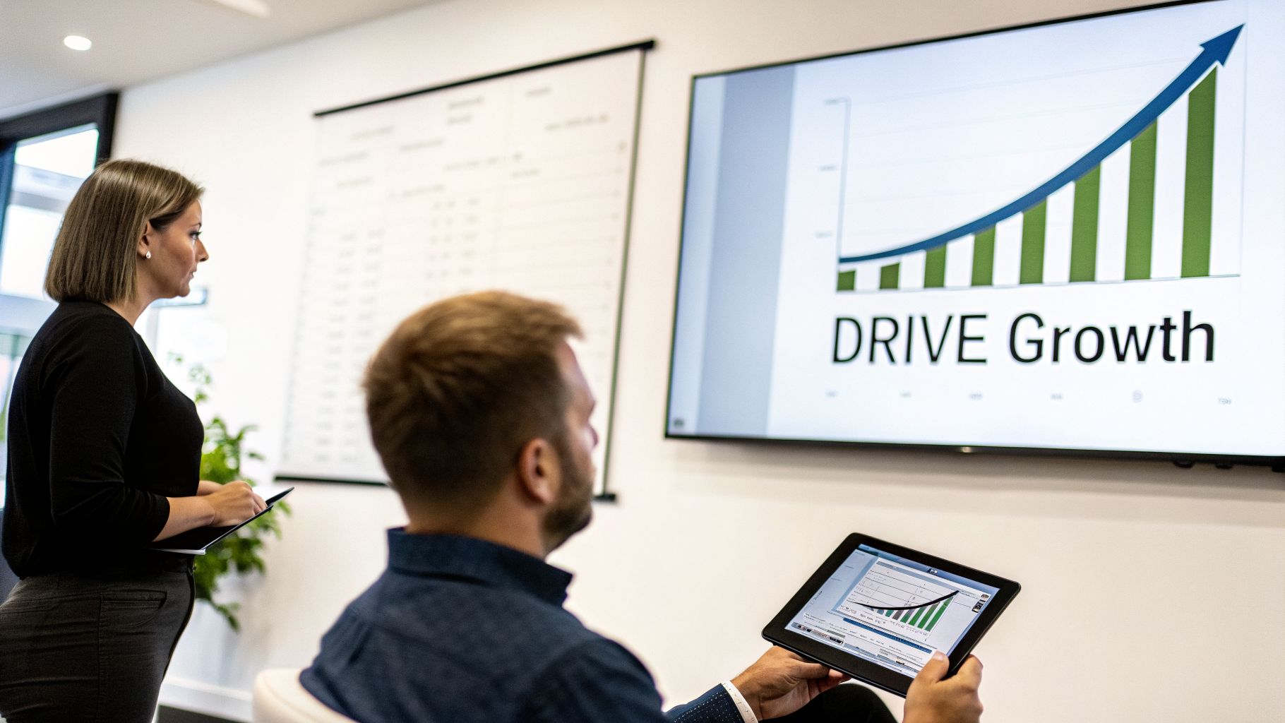 Business professionals analyze growth charts on a large screen and tablet in an office.
