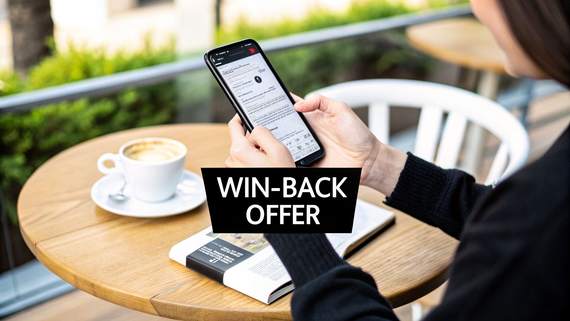 A person is engaging with a win-back offer on a smartphone at a cafe table with a coffee.