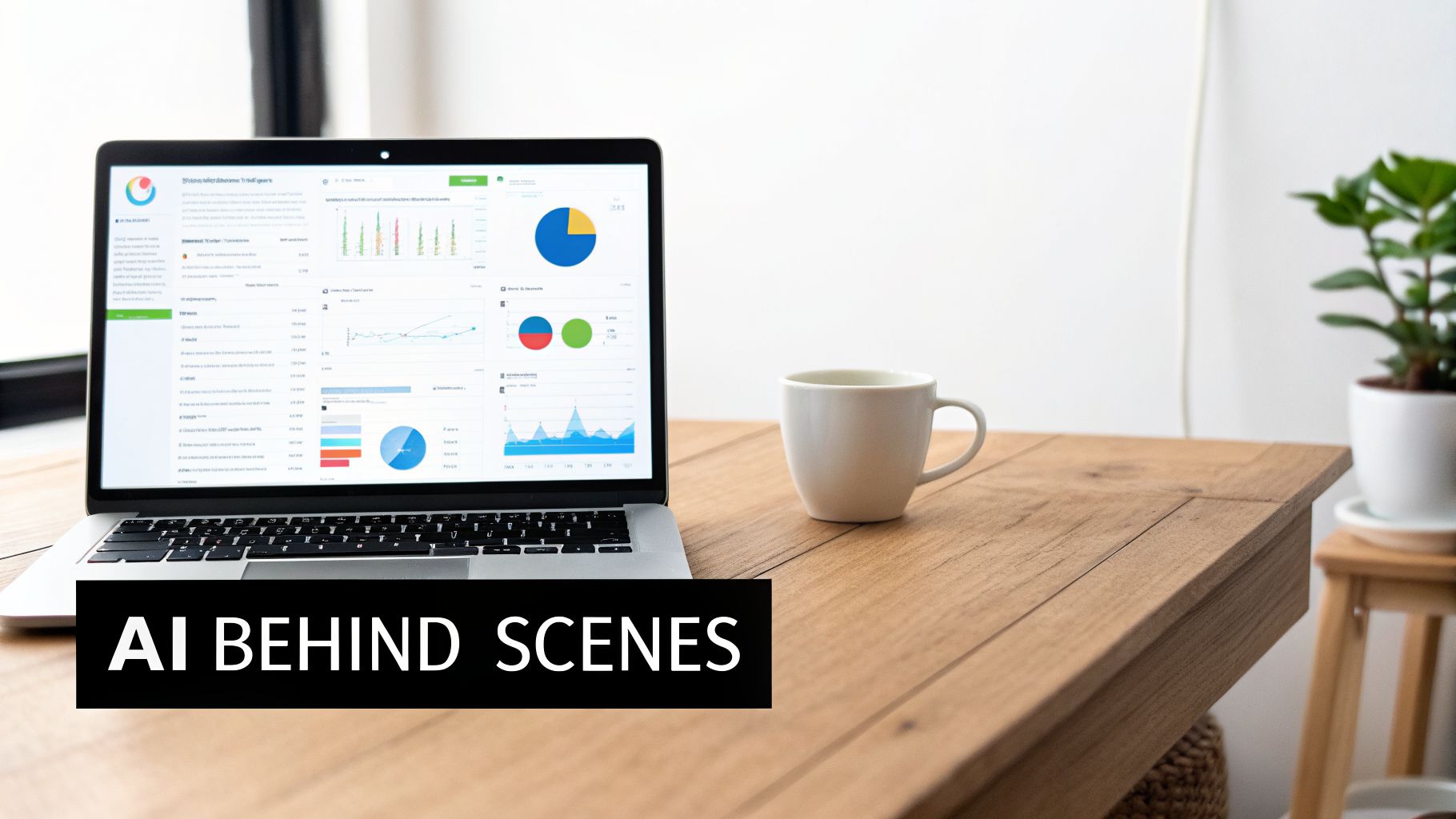 Laptop displaying data dashboards, charts, and graphs on a wooden desk with a mug and 'AI BEHIND SCENES' text.