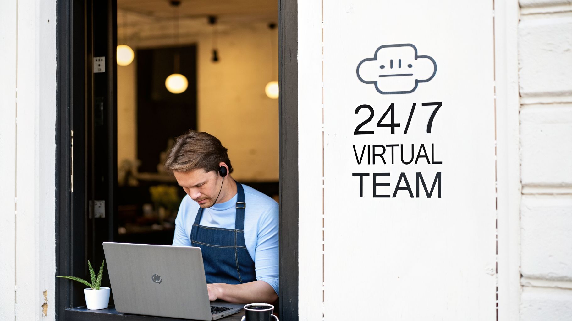 A focused man in an apron and headset works on a laptop, symbolizing a virtual team.