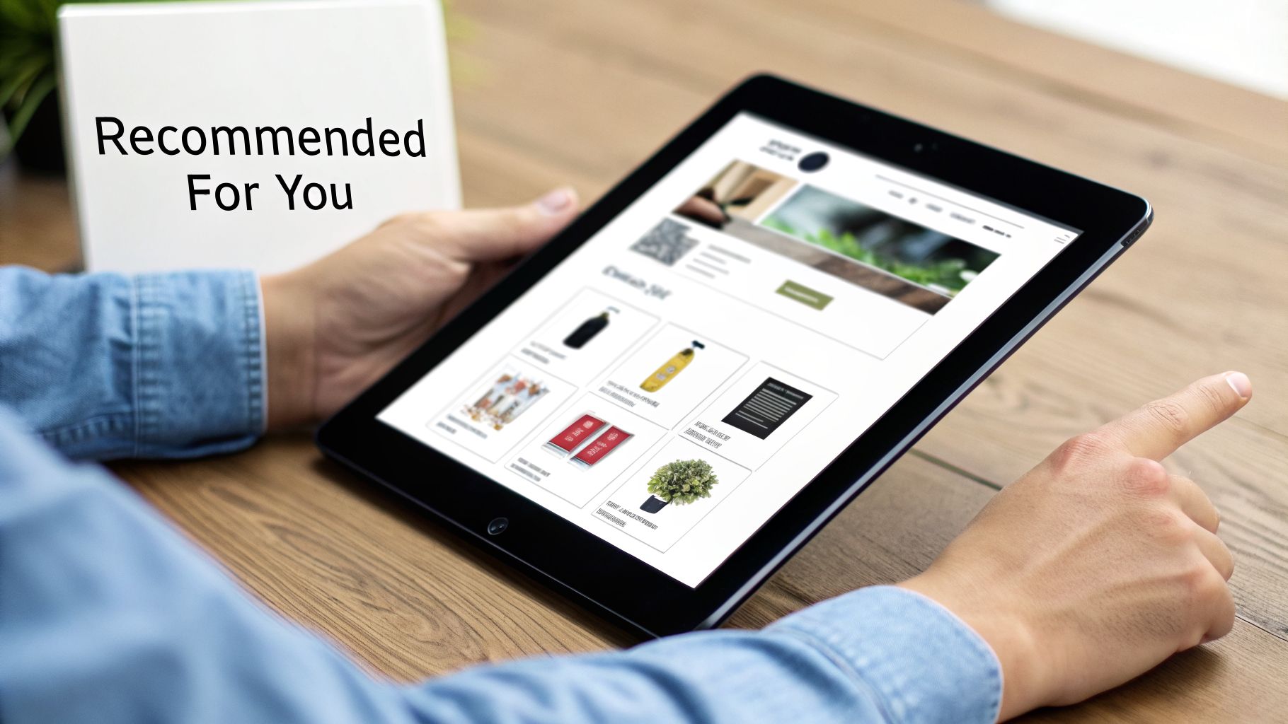 Hands holding a tablet displaying product recommendations, with a 'Recommended For You' sign.