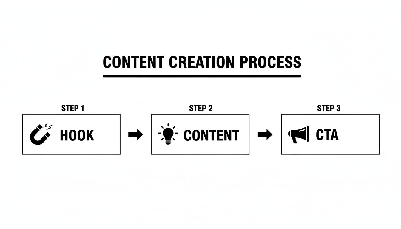 A simple flowchart illustrating the content creation process with three steps: hook, content, and CTA.