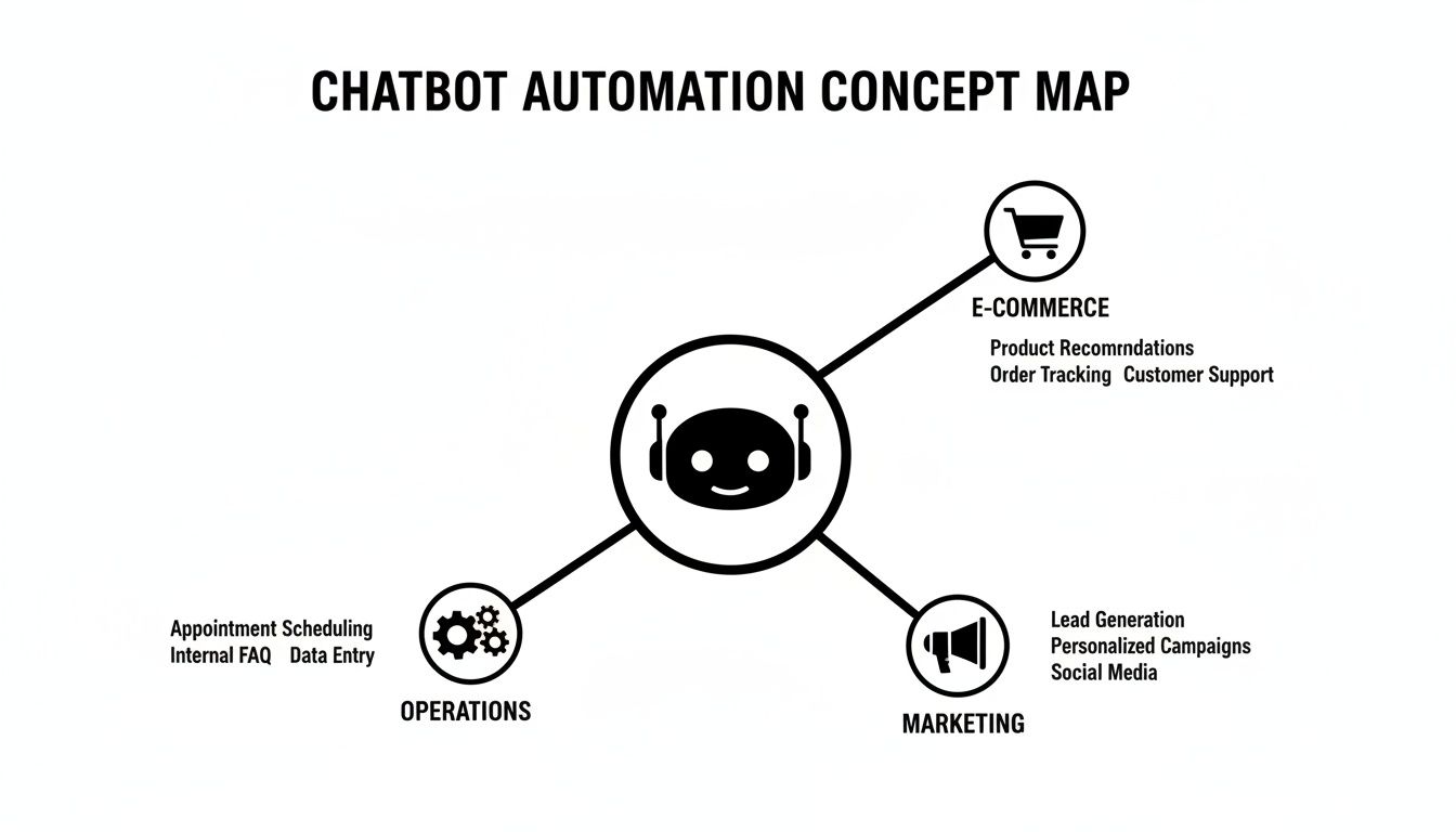 A concept map showing how chatbot automation applies to e-commerce, operations, and marketing.