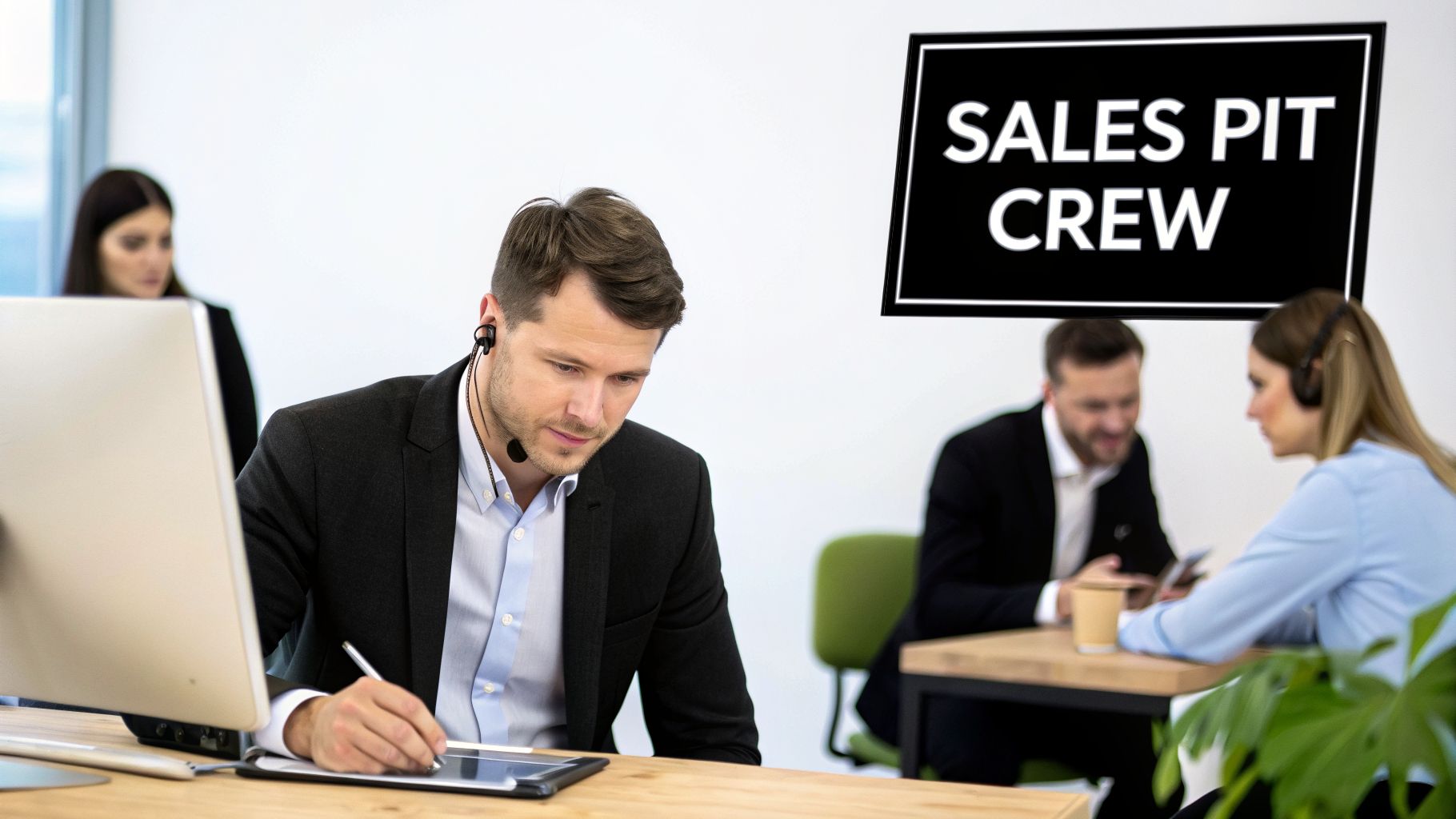 A focused male sales agent with a headset takes notes at his desk in a busy office.
