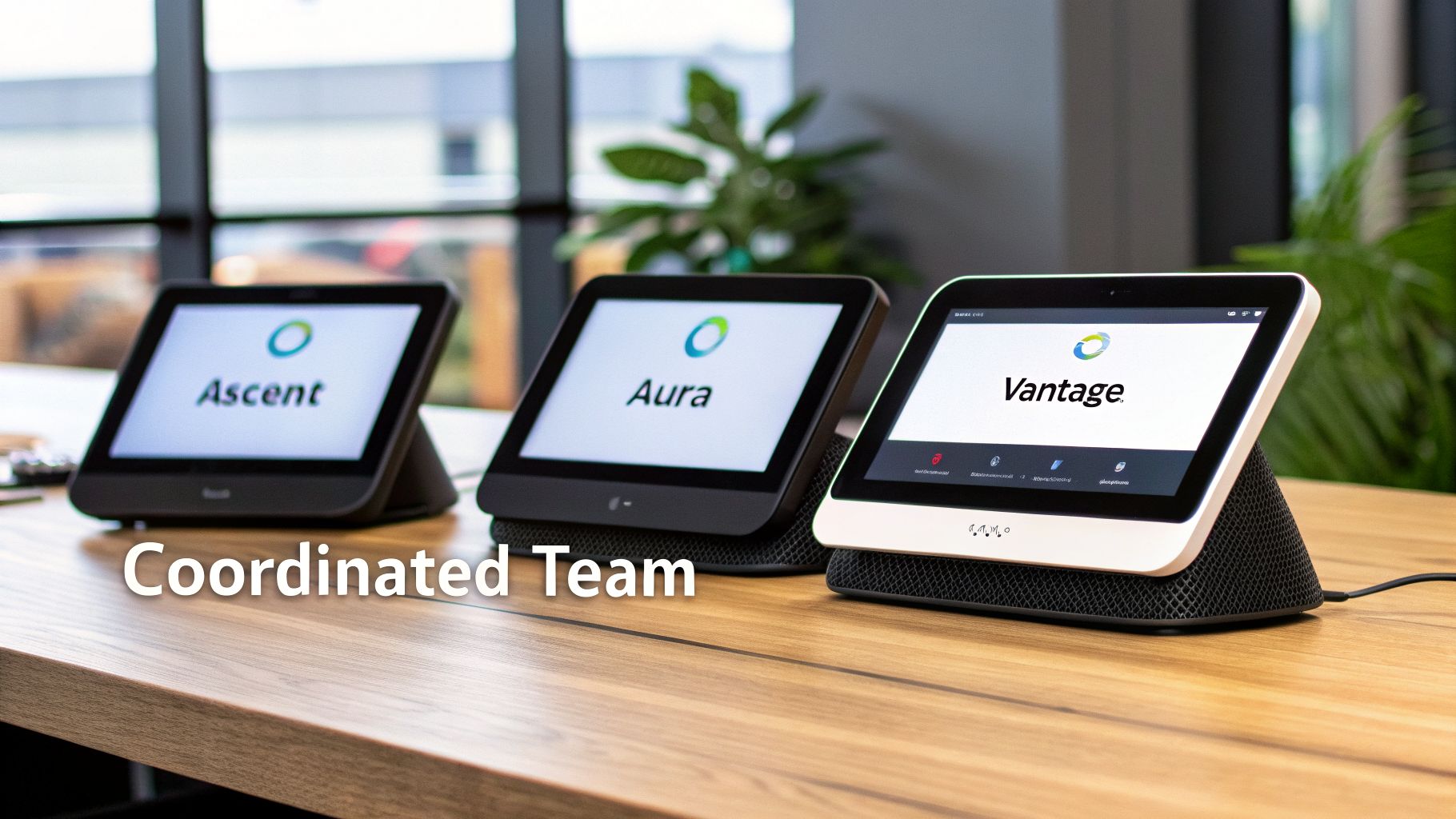Three digital displays, labeled Ascent, Aura, and Vantage, on a wooden table with 'Coordinated Team' text.