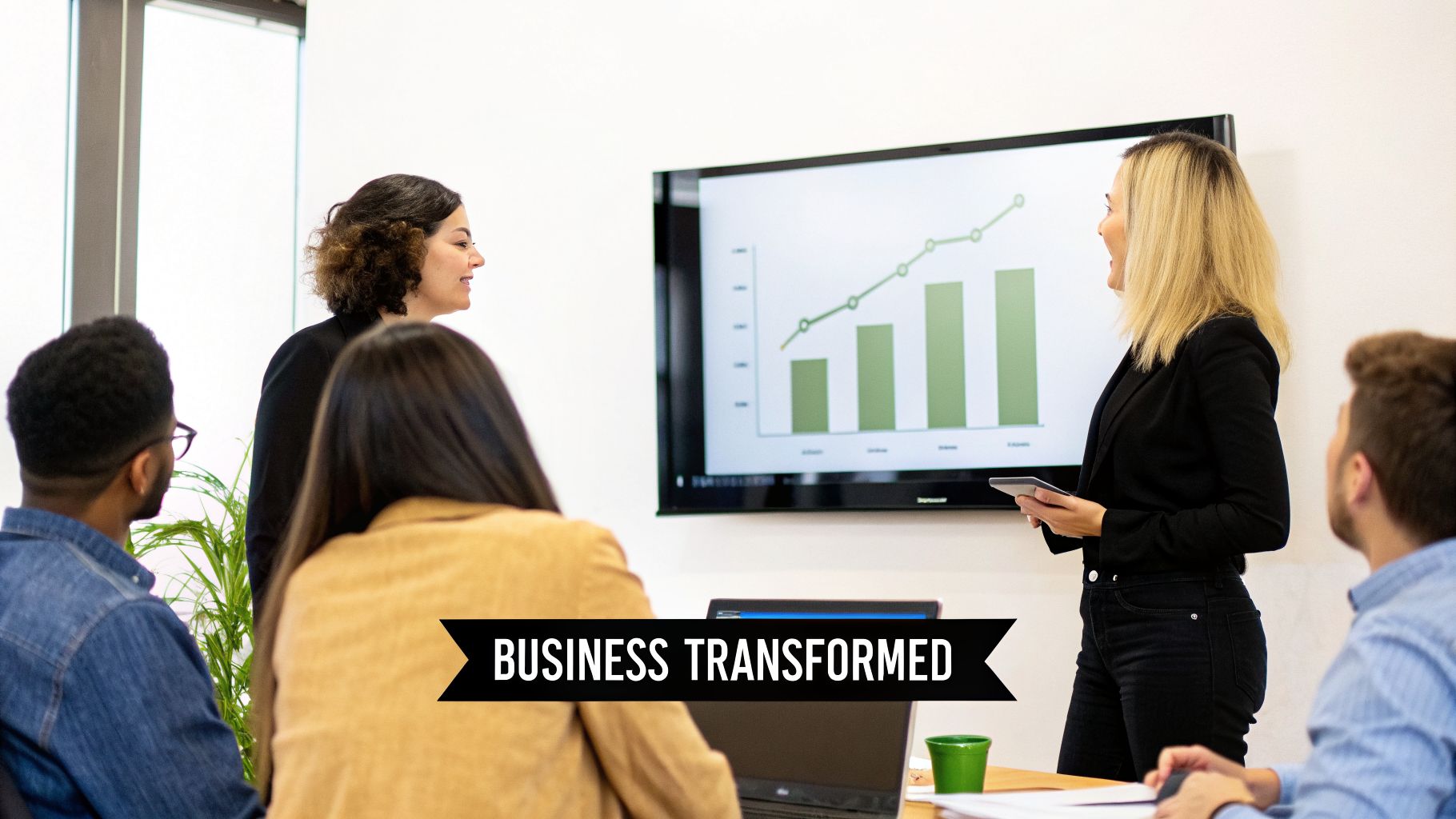 Two women lead a business presentation, showing a growth chart on a large screen to their team.