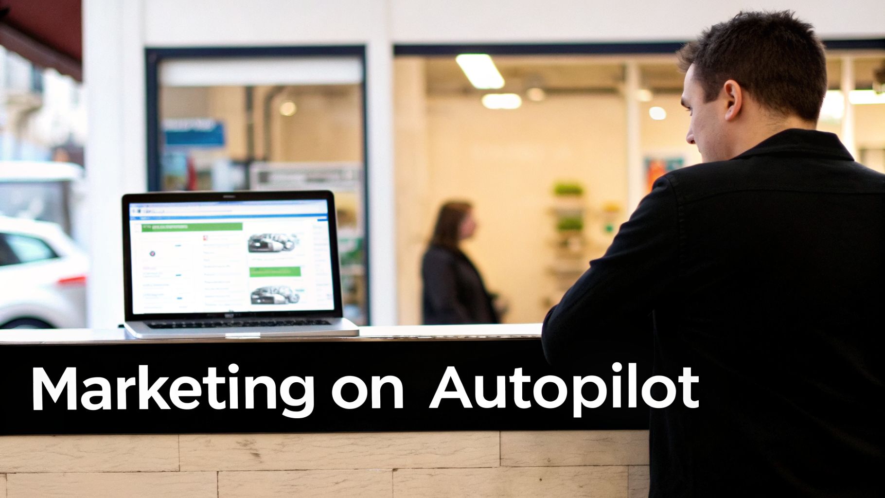 A man looks at a laptop displaying an online platform, with "Marketing on Autopilot" text.