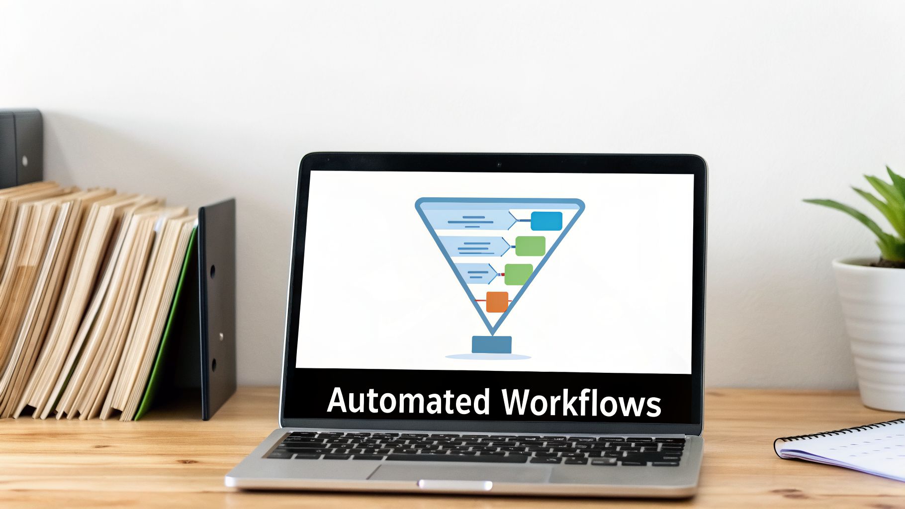 A laptop on a wooden desk displays a funnel diagram and the text 'Automated Workflows'.