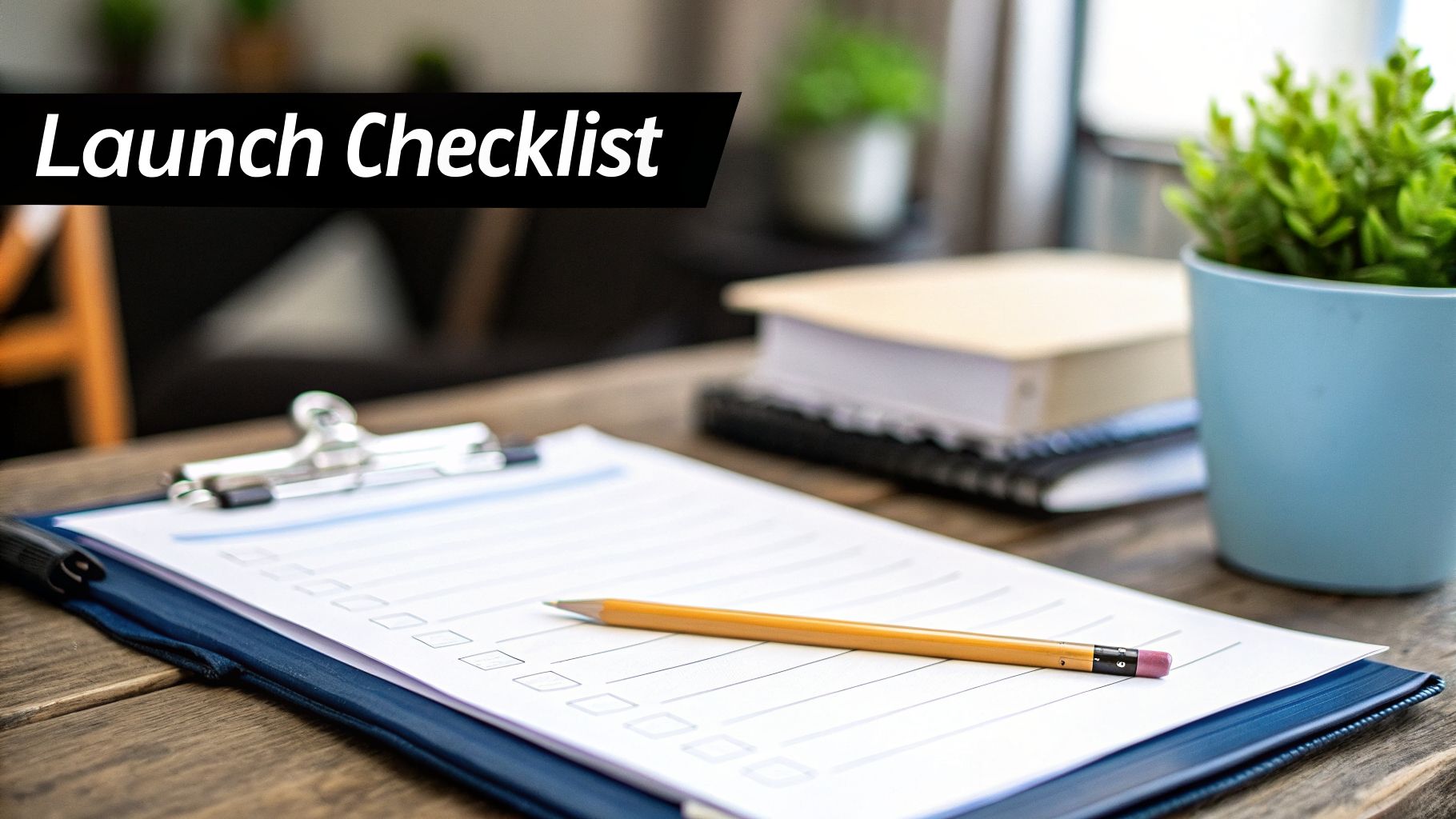 A desk with a clipboard holding a 'Launch Checklist' and a pencil, next to a plant and books.