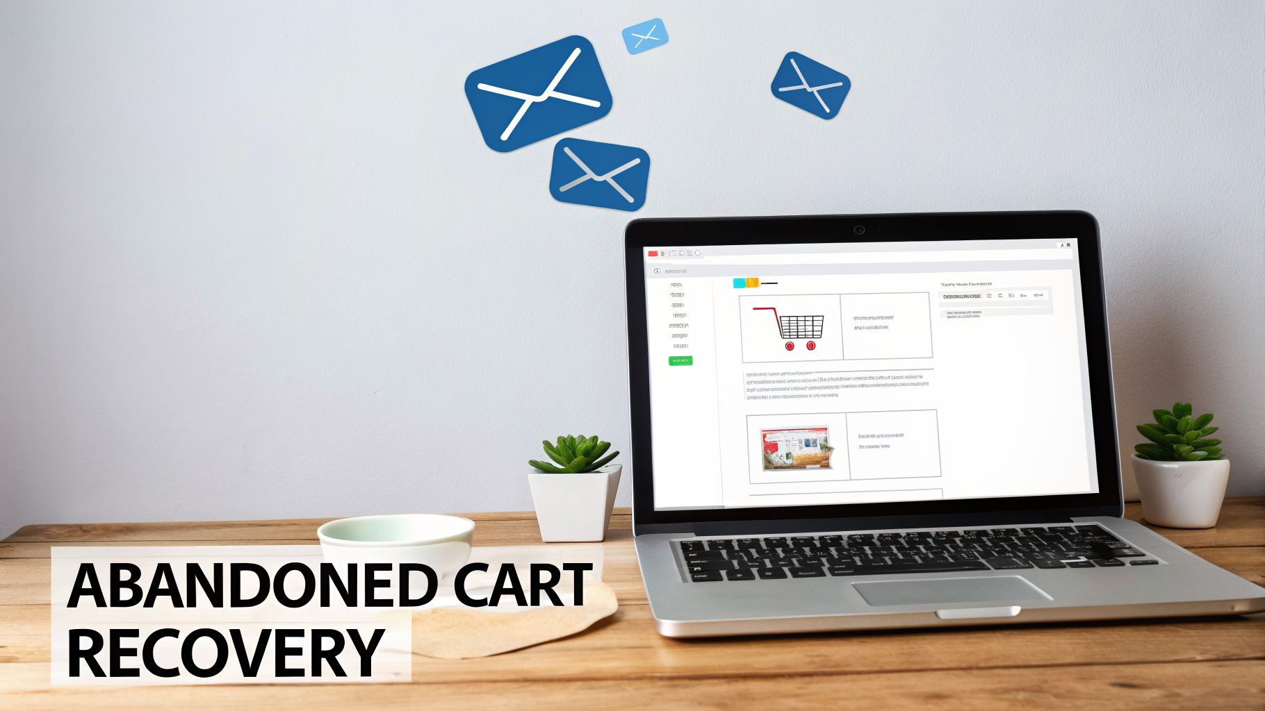 Laptop screen displaying an abandoned cart recovery email with a shopping cart icon and product images, with blue email icons floating above.