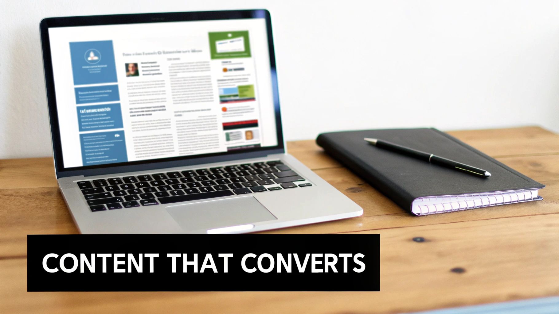 A laptop displaying a content-rich webpage, alongside a black notebook and pen on a wooden desk.