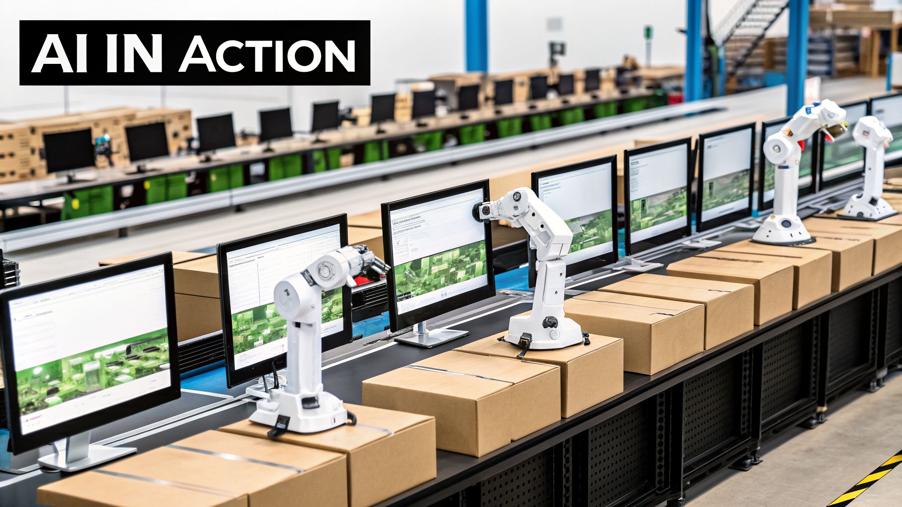 Robotic arms and computer monitors on an automated production line with boxes, showcasing AI.