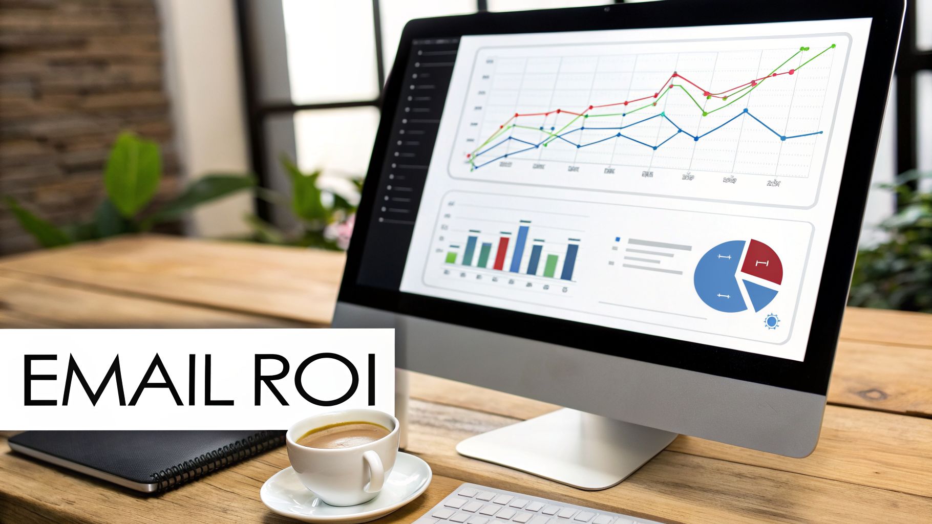 A desktop computer displays marketing performance graphs and charts, including email ROI, on a wooden desk with coffee.