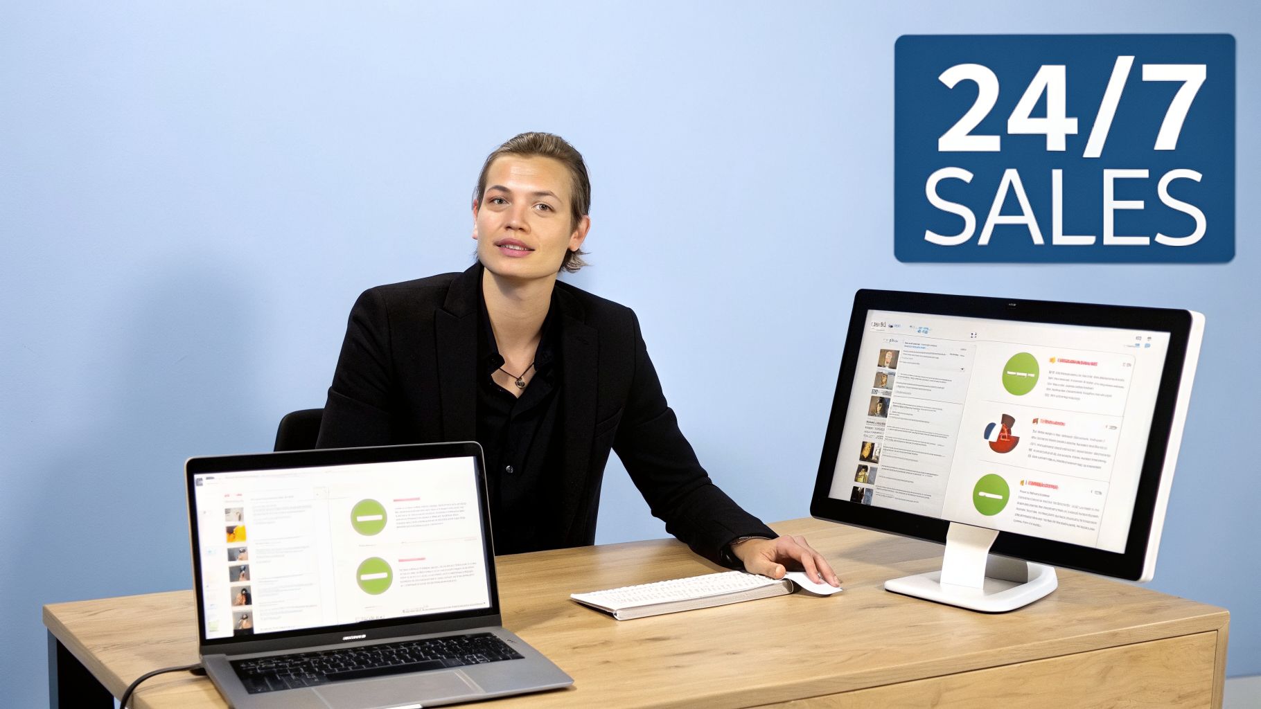 Person at desk with laptop and monitor showing sales data, beside a '24/7 SALES' sign.