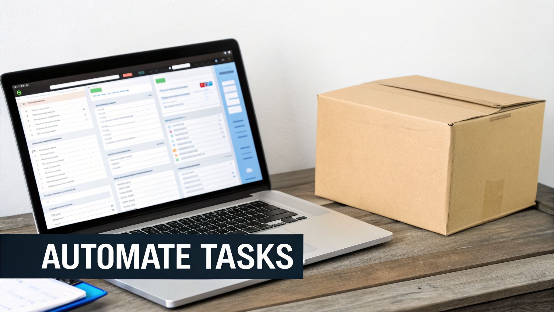 A laptop displaying a business management application and a cardboard box on a wooden desk, symbolizing task automation.
