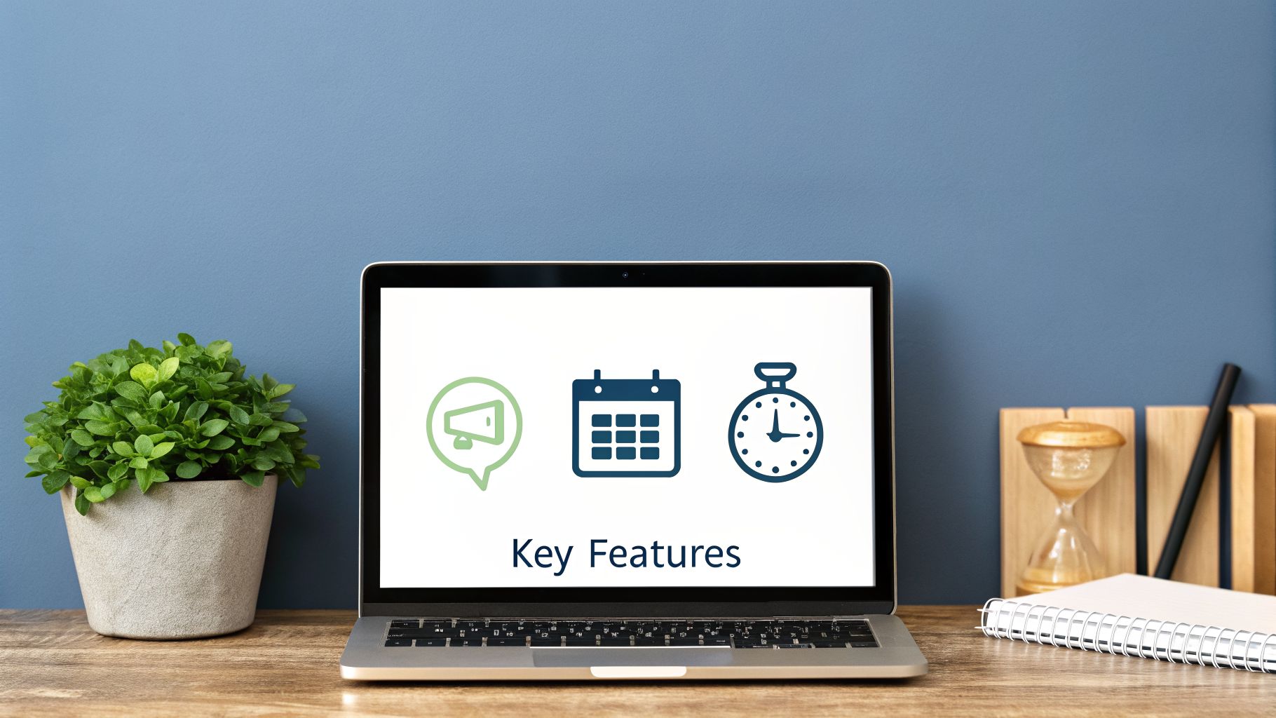 A laptop on a wooden desk displays 'Key Features' with icons for announcements, calendar, and stopwatch, alongside a plant.