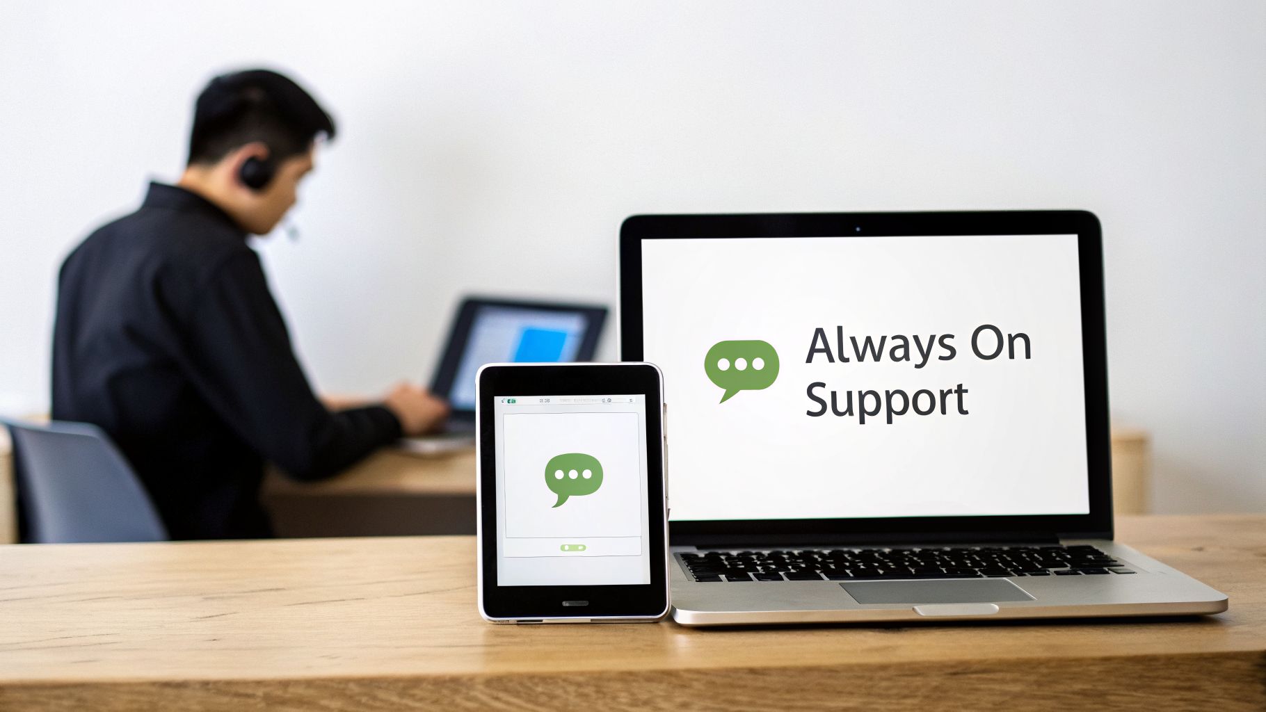 Laptop and smartphone showing 'Always On Support' with chat icons, a blurred customer service agent works nearby.