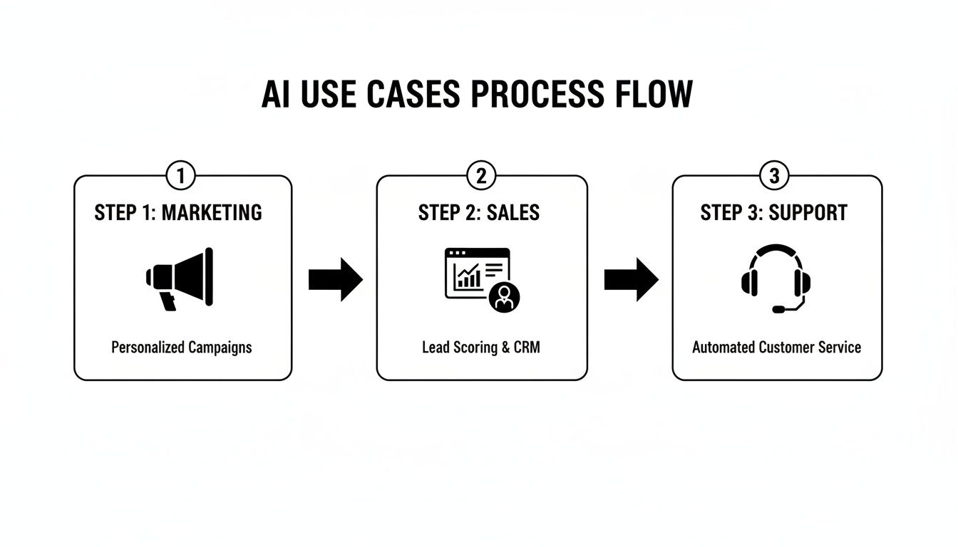 A process flow diagram illustrating AI use cases in marketing, sales, and support, enhancing customer interactions.