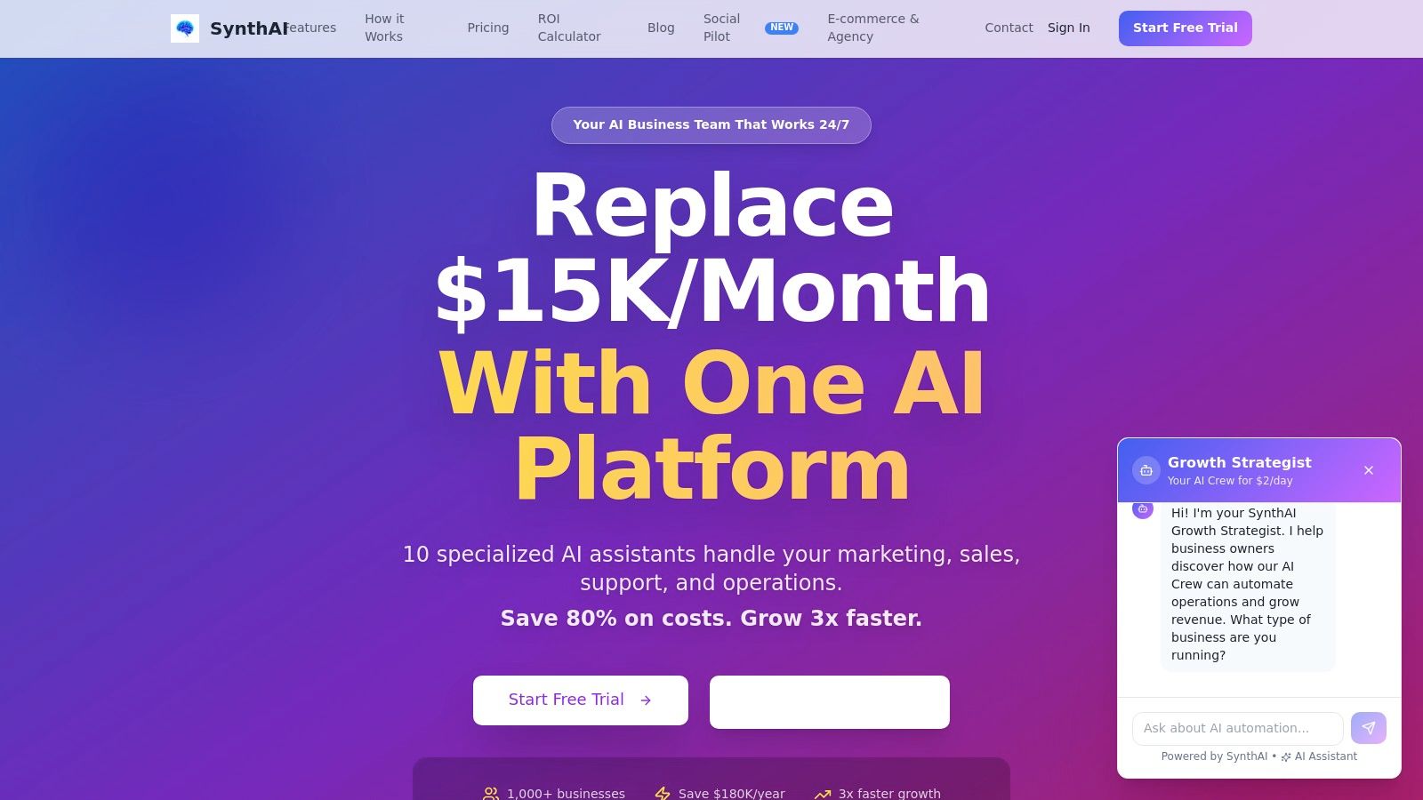 SynthAI platform showing an integrated dashboard for business automation