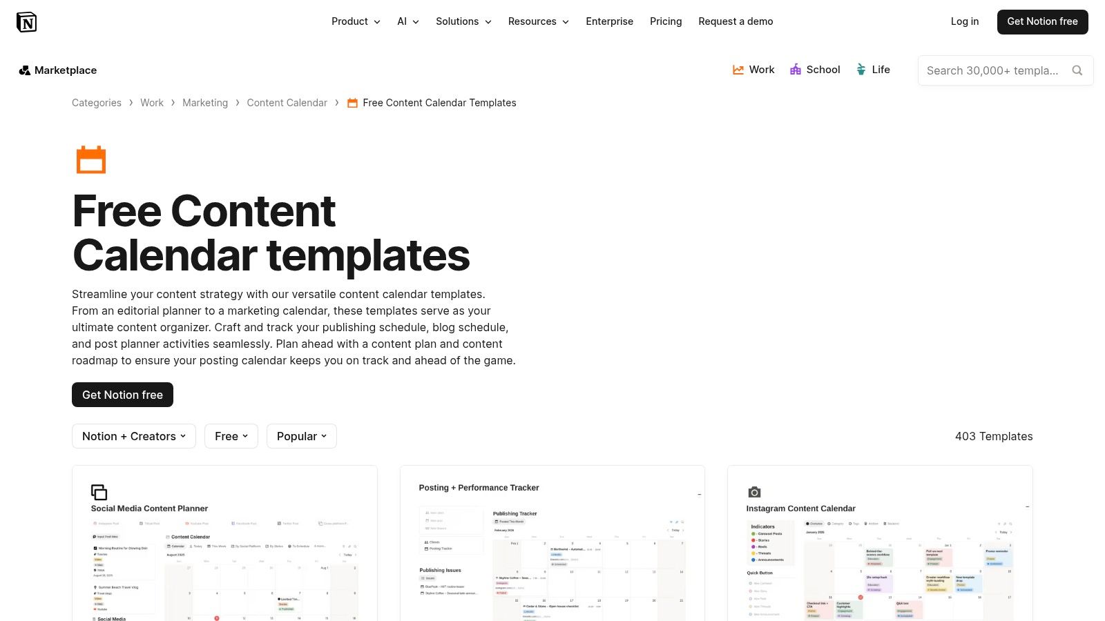 Notion – Free Content Calendar Templates (Marketplace collection)