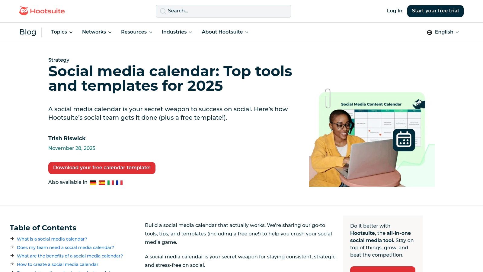Hootsuite – Free Social Media Content Calendar Template