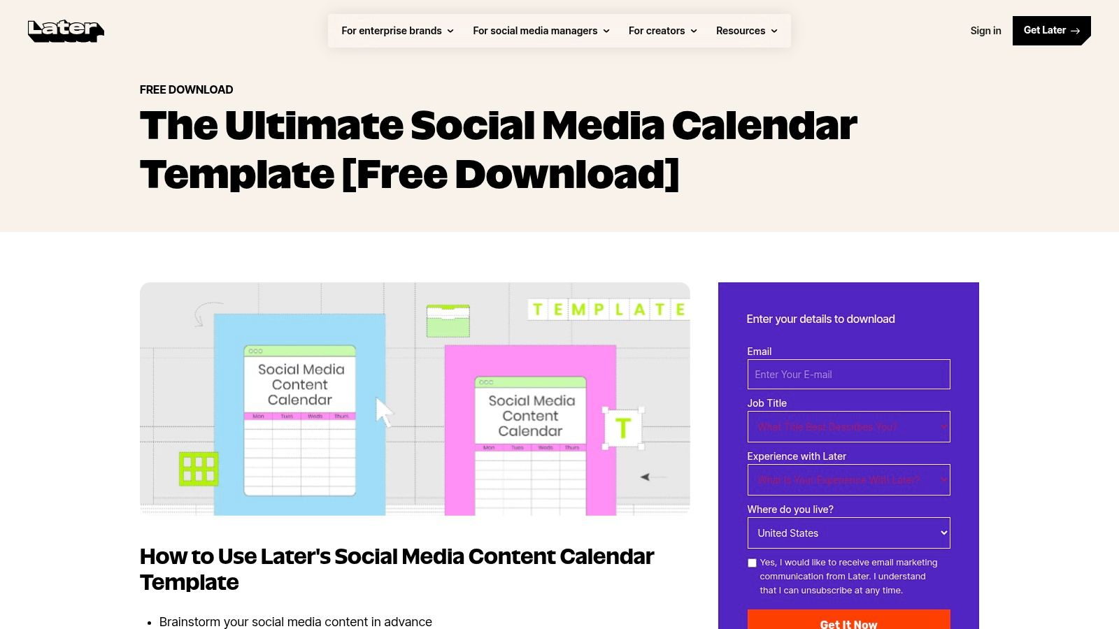 Later – Free Social Media Content Calendar Template