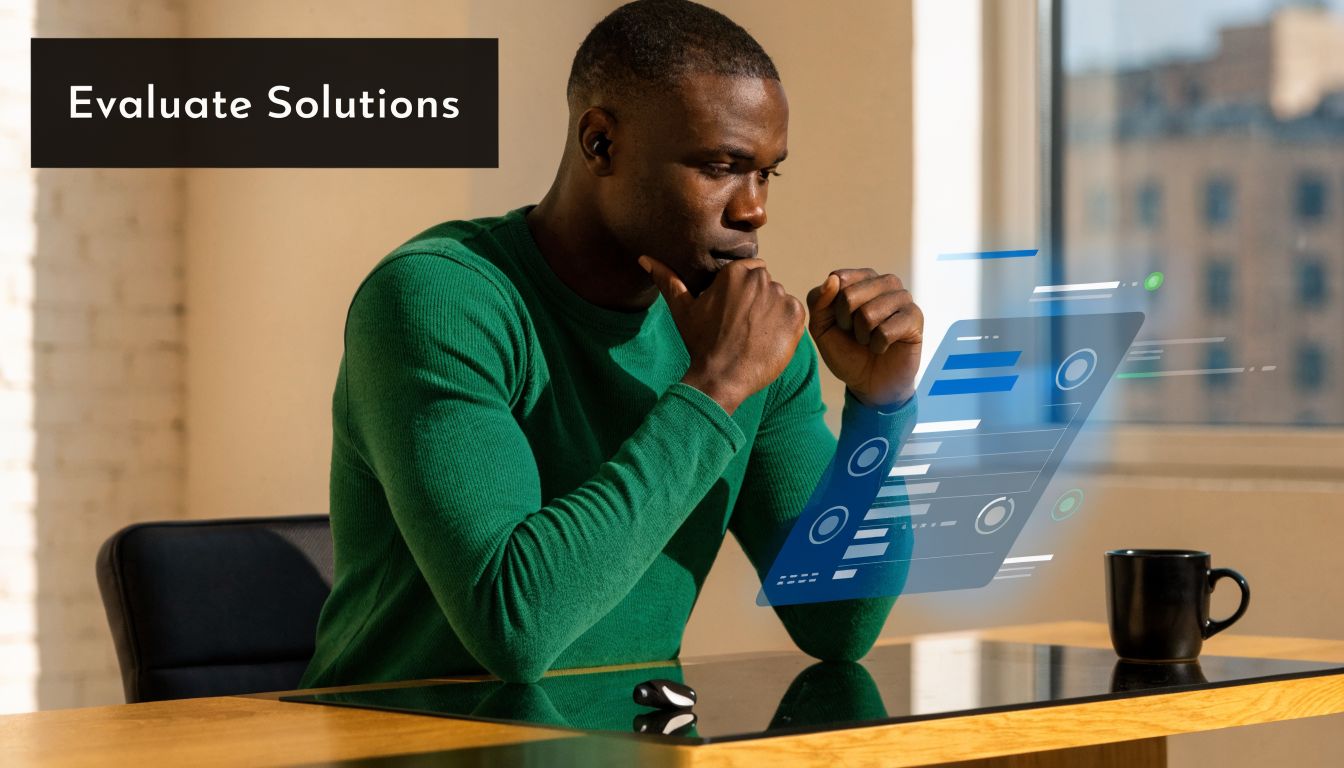 A focused man analyzing enterprise workflow software data on a glowing holographic screen at his desk.